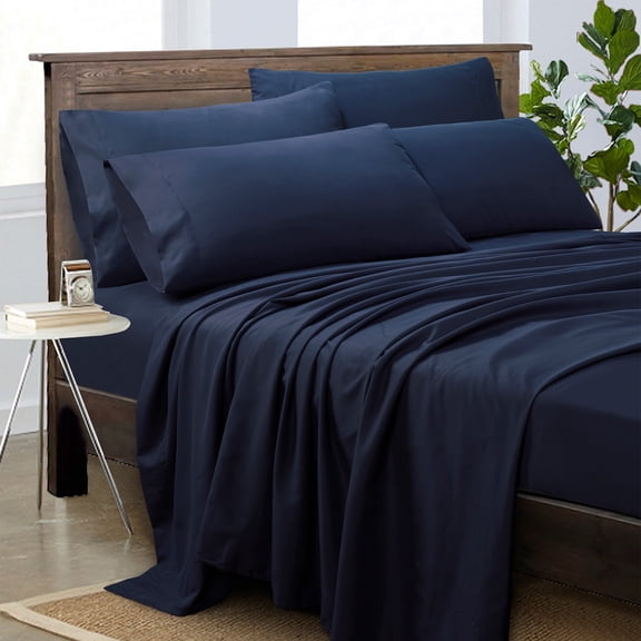Videri Home Queen Sheet Set - 4 Piece Bed Sheets, Wrinkle Free Fade Resistant Easy Care Solid Bedding Set, Durable Comfortable Home Use, Navy