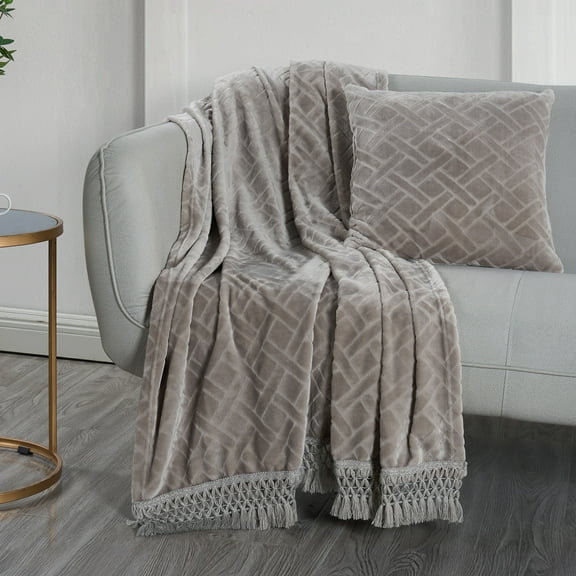 Videri Home Plush Fringe Blanket Set, 240GSM Flannel, Diamond Quilted, Soft & Warm with Decorative Fringe, for Bedroom Living Room Office Décor, Machine Washable(50×60in, Gray)
