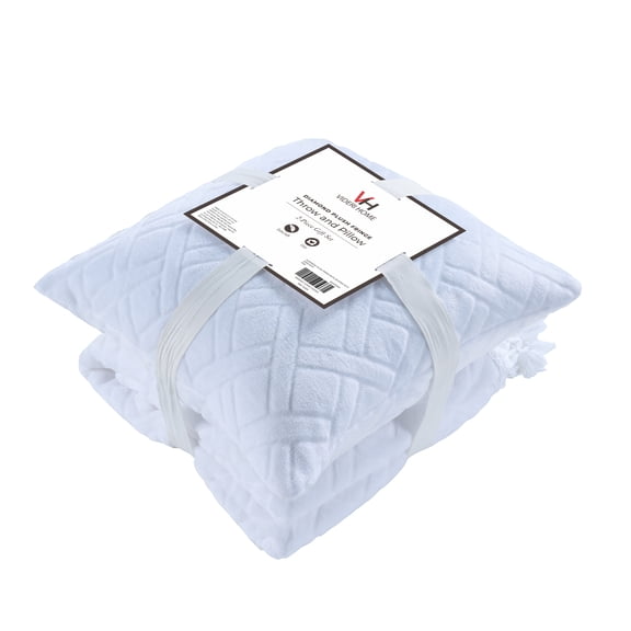 Videri Home Plush Fringe Blanket Set, 240GSM Flannel, Diamond Quilted, Soft & Warm with Decorative Fringe, for Bedroom Living Room Office Décor, Machine Washable(50×60in, White)