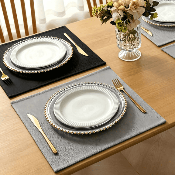 Videri Home 4 Pieces 15"×15" Reversible Linen-Like Texture Waterproof Tablecloths, Gray/Black Table Linen