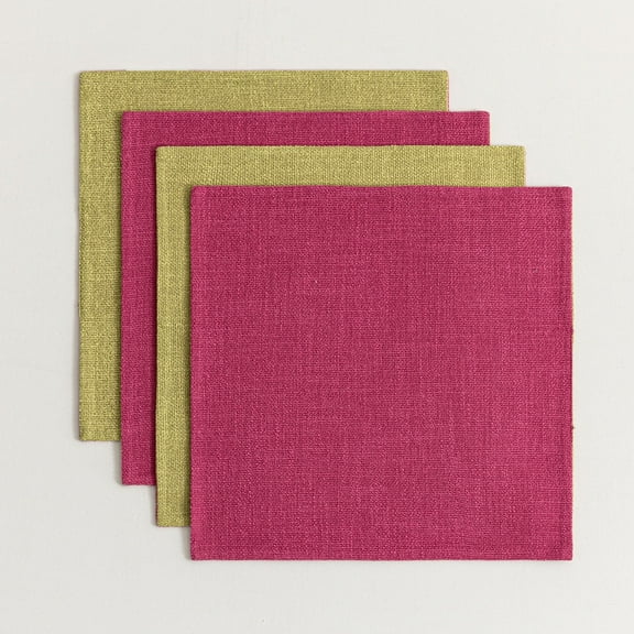 Videri Home 15“×15” Reversible Tablecloths, Hot Pink/Apple Green, Linen-like Waterproof Table Linen (Set of 4)