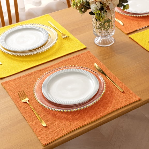 Videri Home 4 Pieces 15"×15" Reversible Linen-Like Waterproof Tablecloths, Orange/Lemon Yellow Table Linen