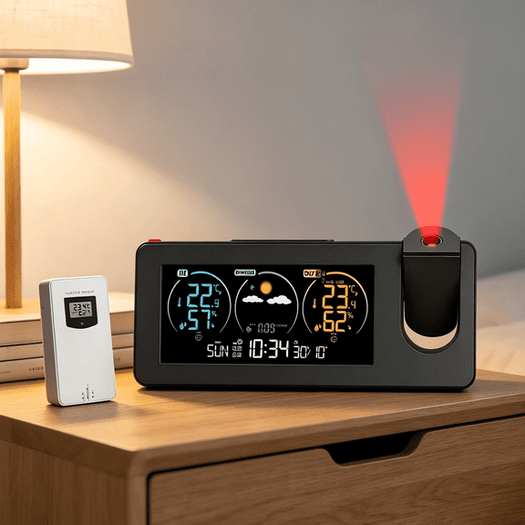Vidonio Projection Alarm Clock with Indoor Outdoor Temperature Sensor, Digital Ceiling Projection Clock with Humidity Monitor, Dual Alarms, USB Charger & Auto-Dimming Display