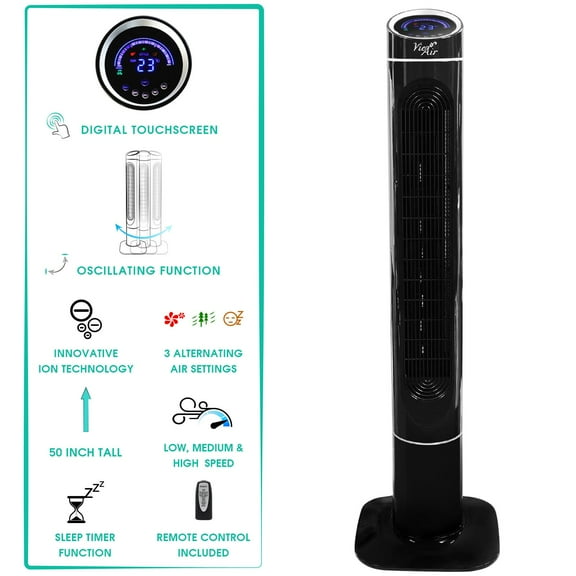 Vie Air 50" Luxury Digital 3 Speed High Velocity Tower Fan with Fresh Air Ionizer and Remote Control in Sleek Black