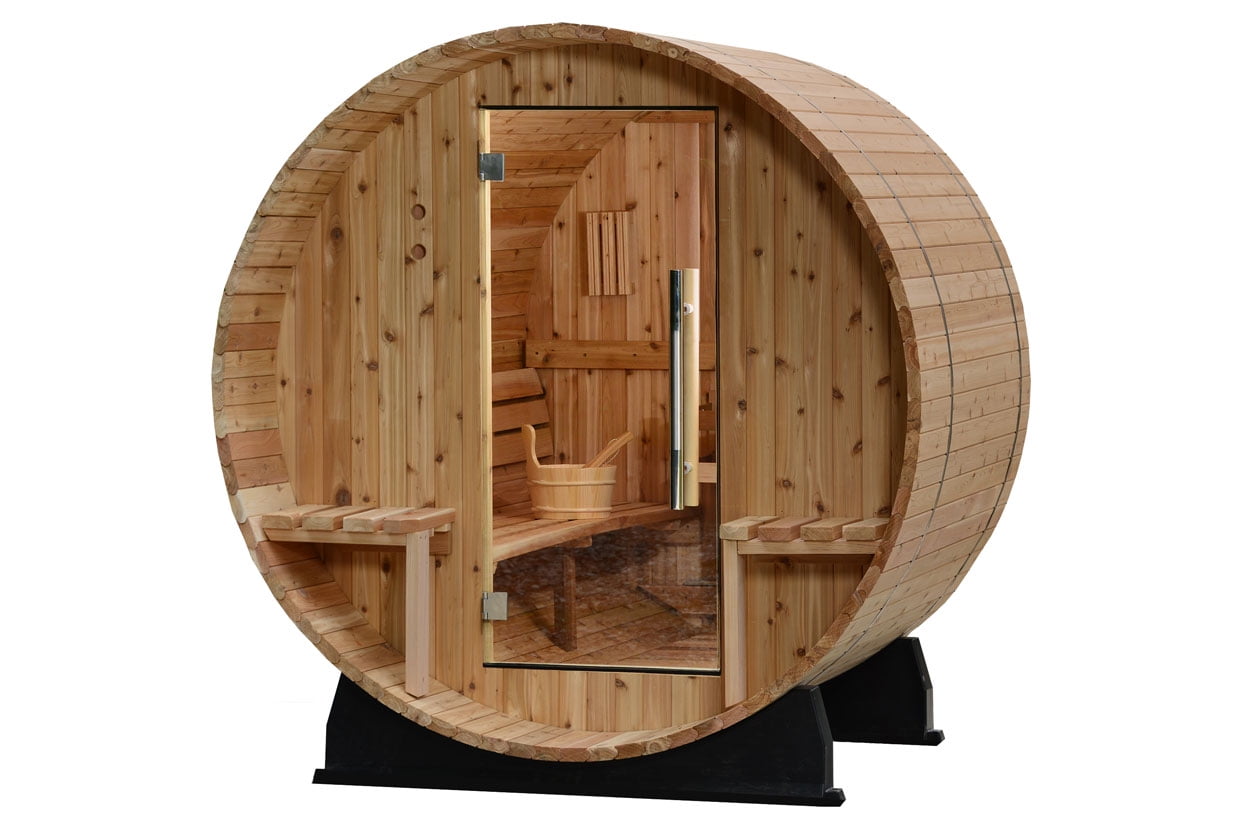 Vienna 2-Person Canopy Barrel Sauna in Rustic Cedar