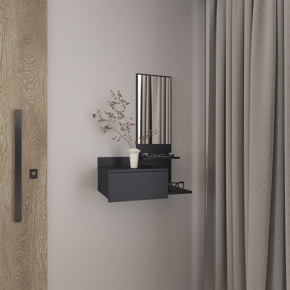Vienna 23.6 Wide 3-Tier Floating Mirror Console Table with Full Extension Drawer, Black Particle Board, Space Saving Entryway Cabinet