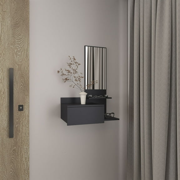 Vienna 23.6" Wide 3-Tier Shelf Floating Mirror Console Table, Full Extension Drawer Black