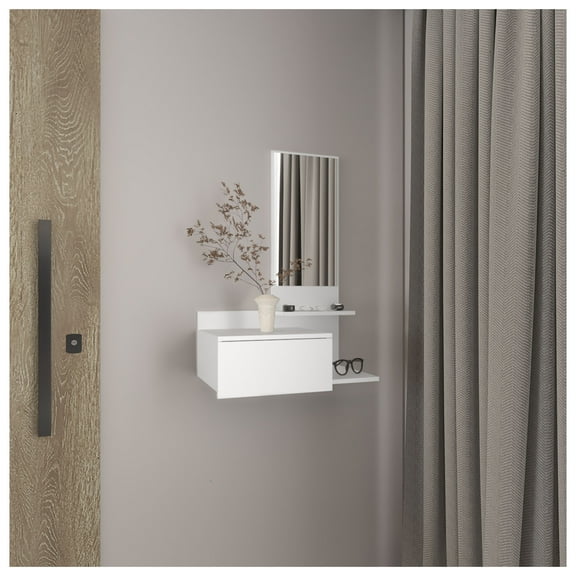 Vienna 23.6" Wide 3-Tier Shelf Floating Mirror Console Table, Full Extension Drawer White White + Particle Board