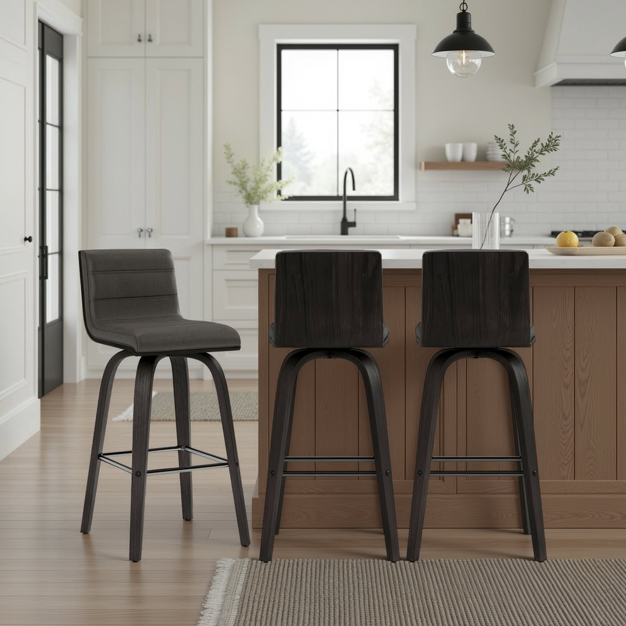 Vienna 26" Swivel Counter Stool in Black Wood Finish with Gray Faux Leather - Set of 3