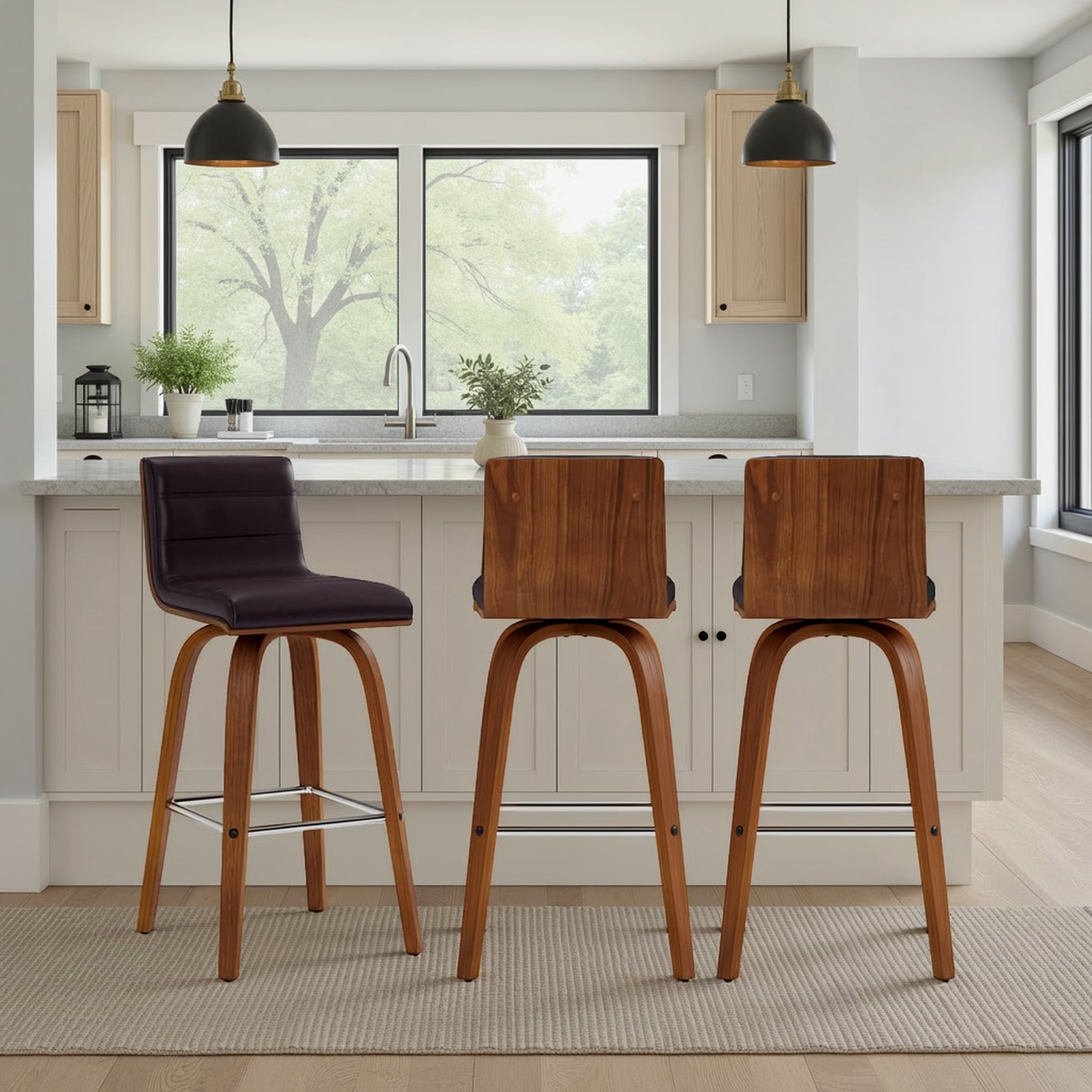 Vienna 26" Swivel Counter Stool in Walnut Wood Finish with Brown Faux Leather - Set of 3
