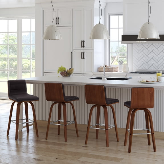 Vienna 26" Swivel Counter Stool in Walnut Wood Finish with Brown Faux Leather - Set of 4
