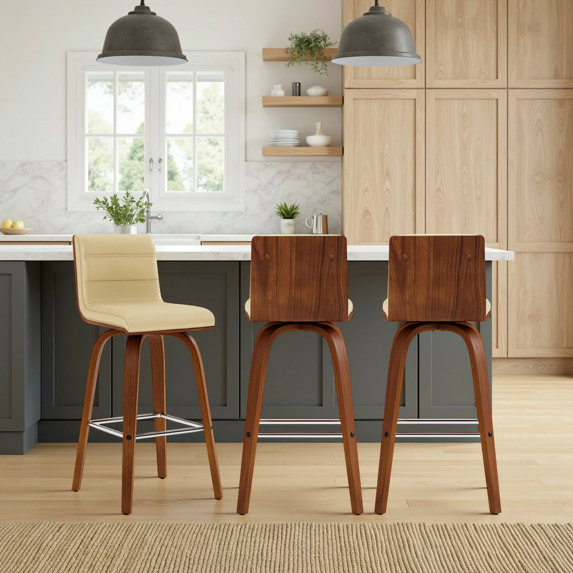 Vienna 26" Swivel Counter Stool in Walnut Wood Finish with Cream Faux Leather - Set of 3