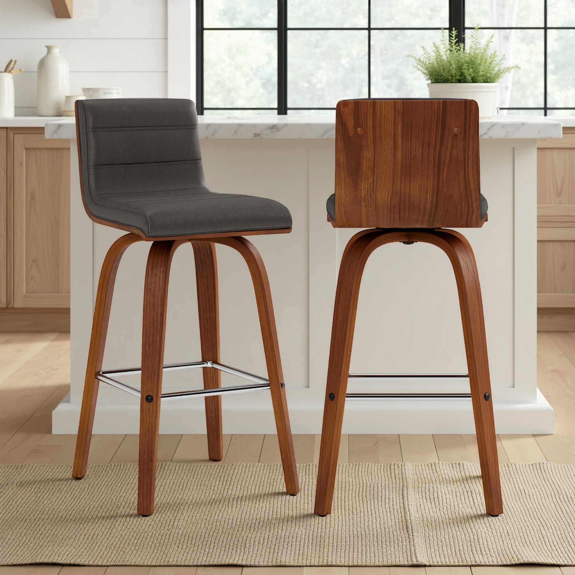 Vienna 26" Swivel Counter Stool in Walnut Wood Finish with Gray Faux Leather - Set of 2