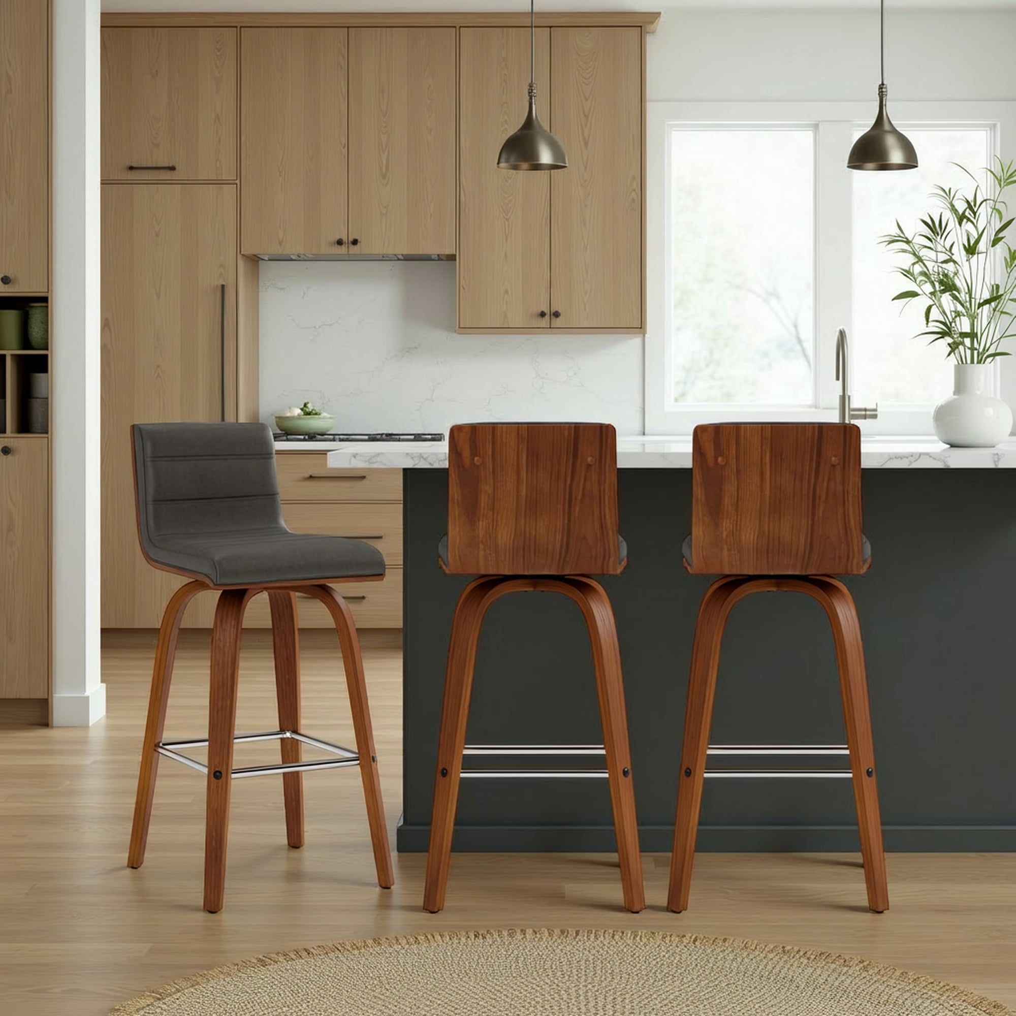 Vienna 26" Swivel Counter Stool in Walnut Wood Finish with Gray Faux Leather - Set of 3