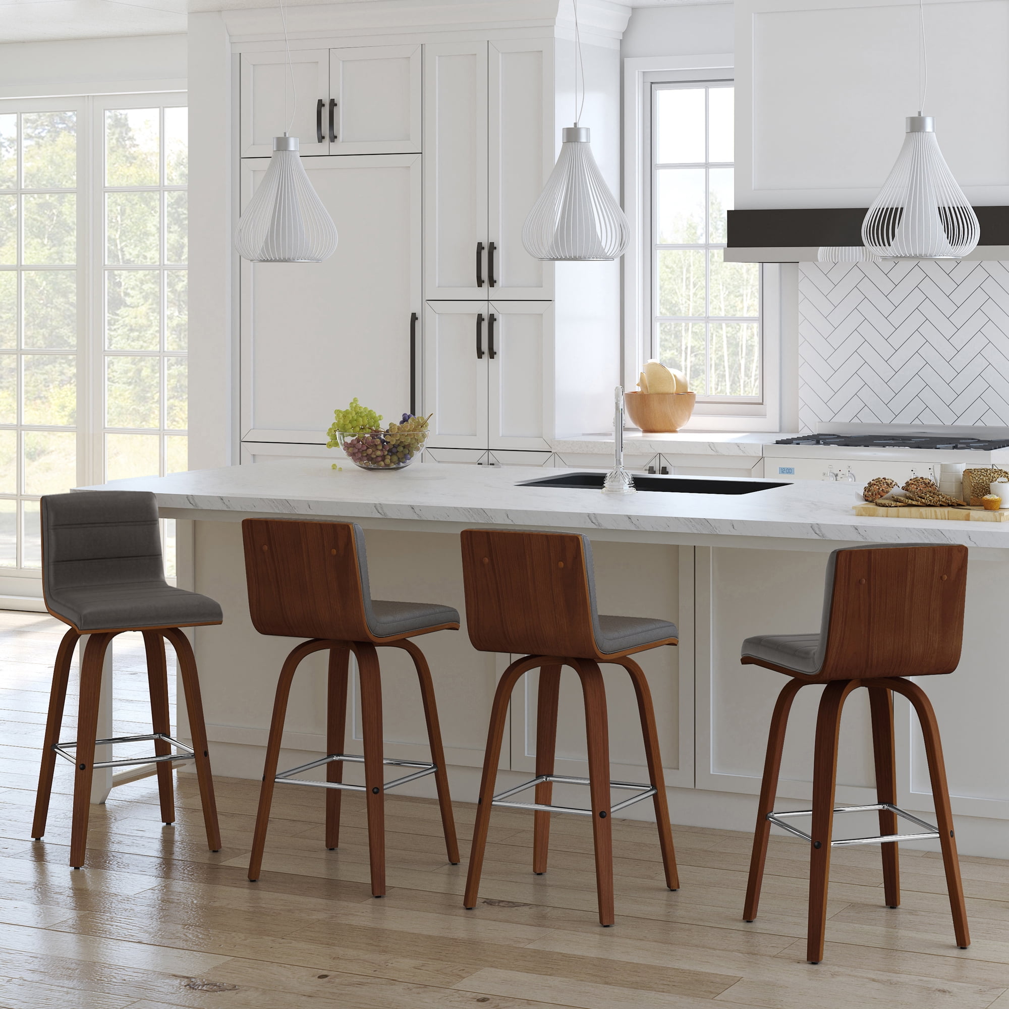 Vienna 26" Swivel Counter Stool in Walnut Wood Finish with Gray Faux Leather - Set of 4