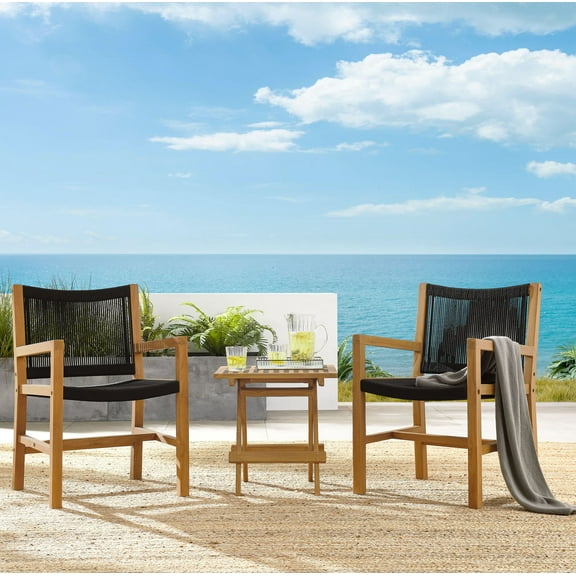 Modway Vienna 3-Piece Outdoor Patio Teak and Rope Armchairs with Folding Side Table in Natural Black