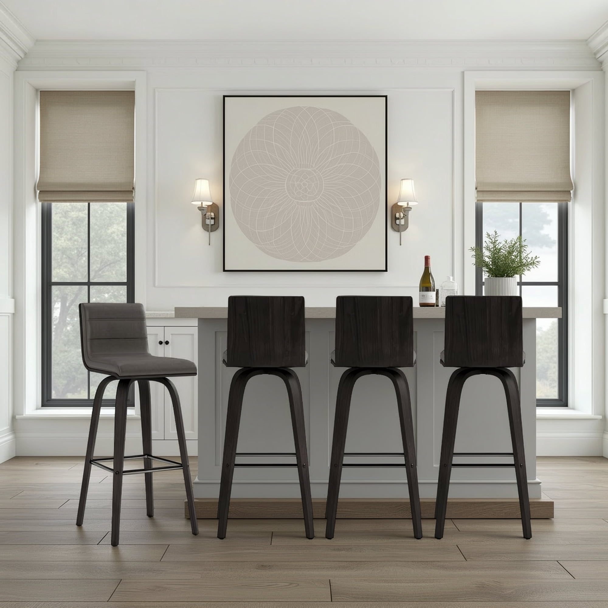 Vienna 30" Swivel Bar Stool in Black Wood Finish with Gray Faux Leather - Set of 4
