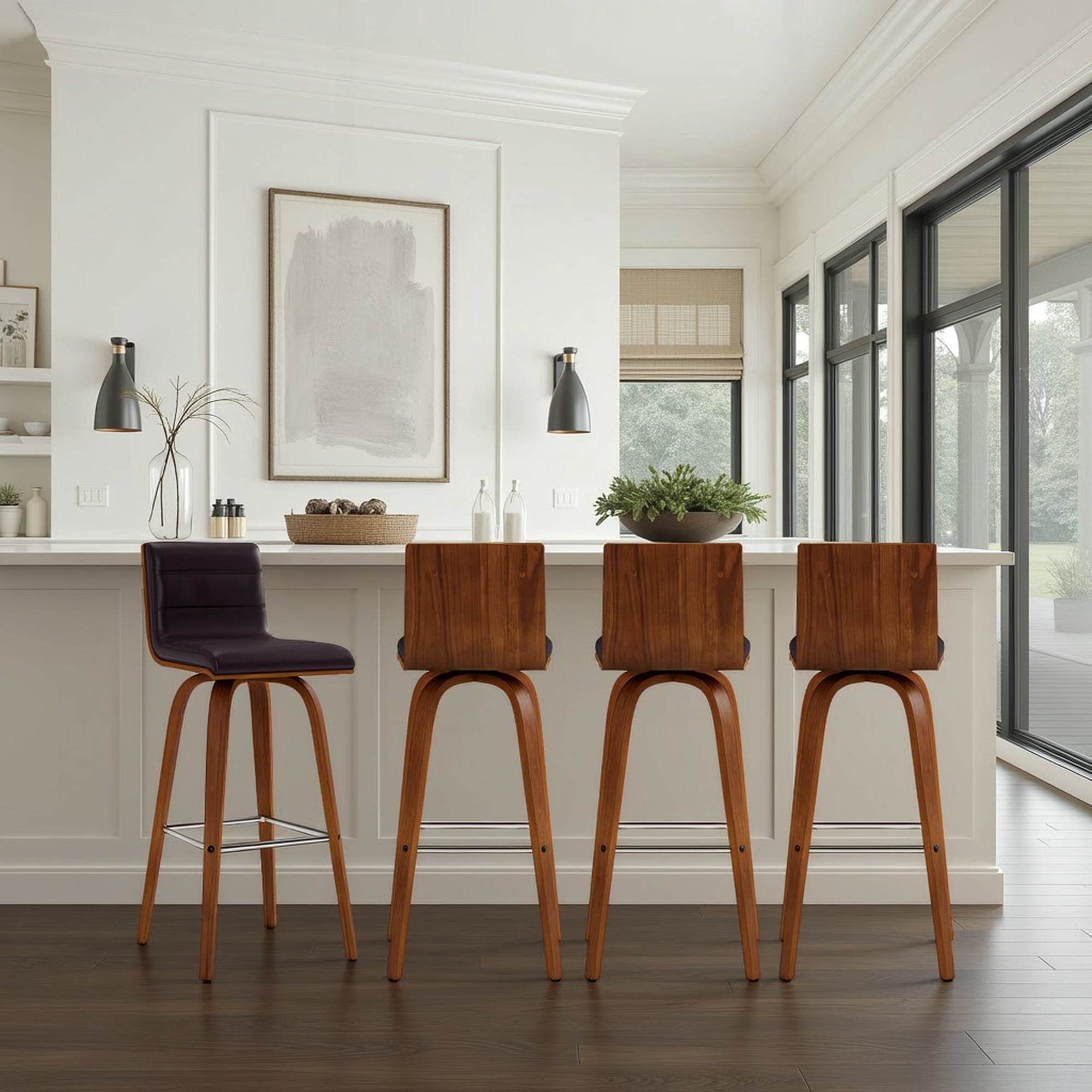 Vienna 30" Swivel Bar Stool in Walnut Wood Finish with Brown Faux Leather - Set of 4