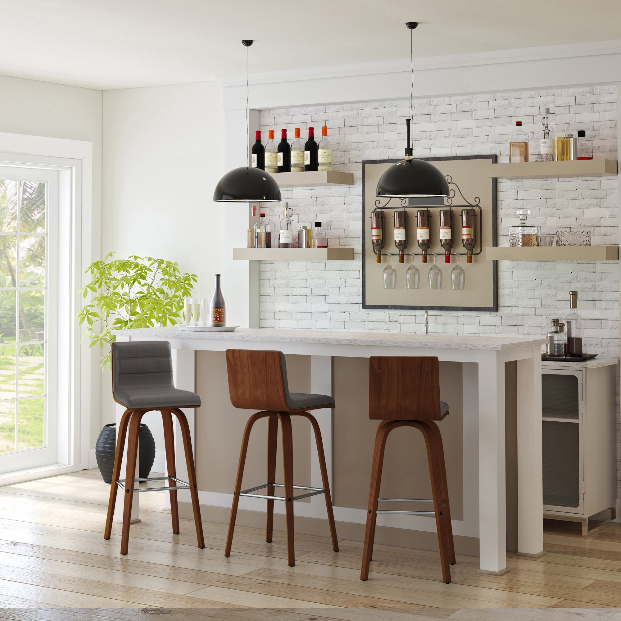 Vienna 30" Swivel Bar Stool in Walnut Wood Finish with Gray Faux Leather - Set of 3
