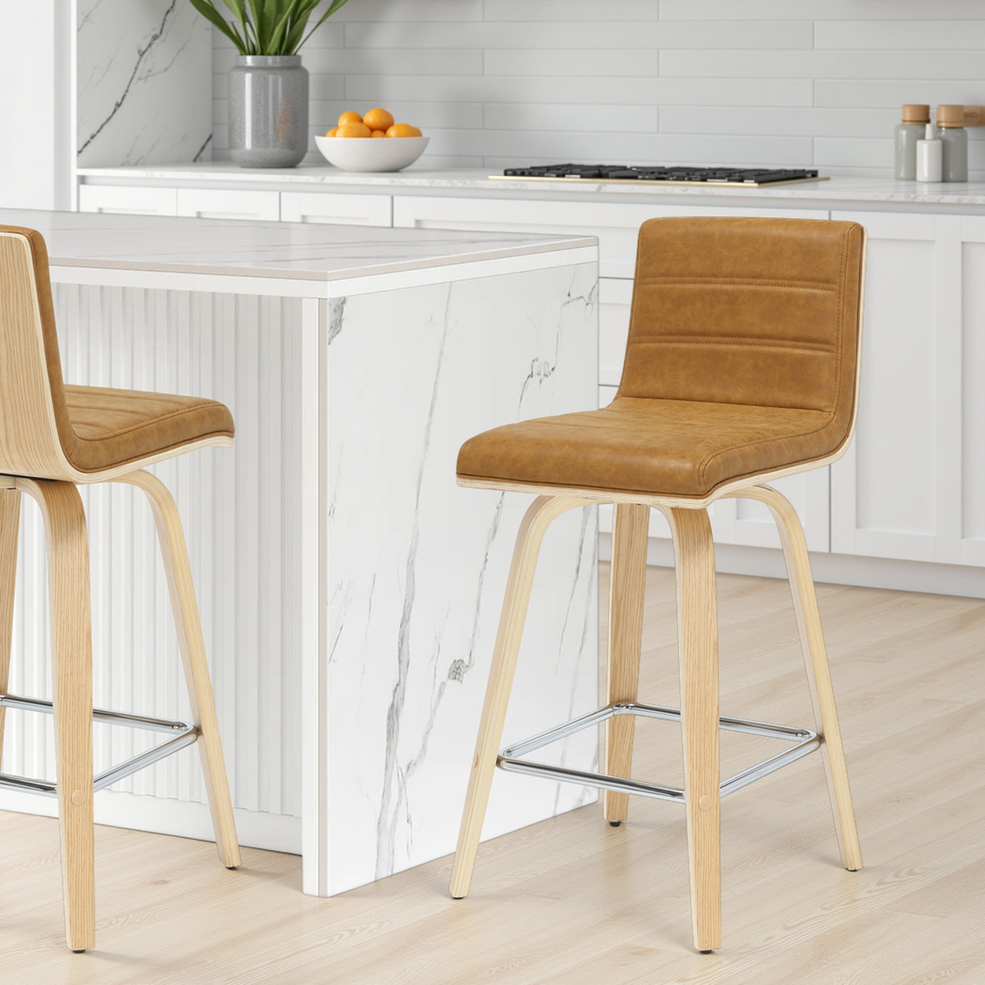 Vienna 35.5 in. H Swivel Counter Height Camel Square Back Wood Bar Stool with Faux Leather Seat Set of 2