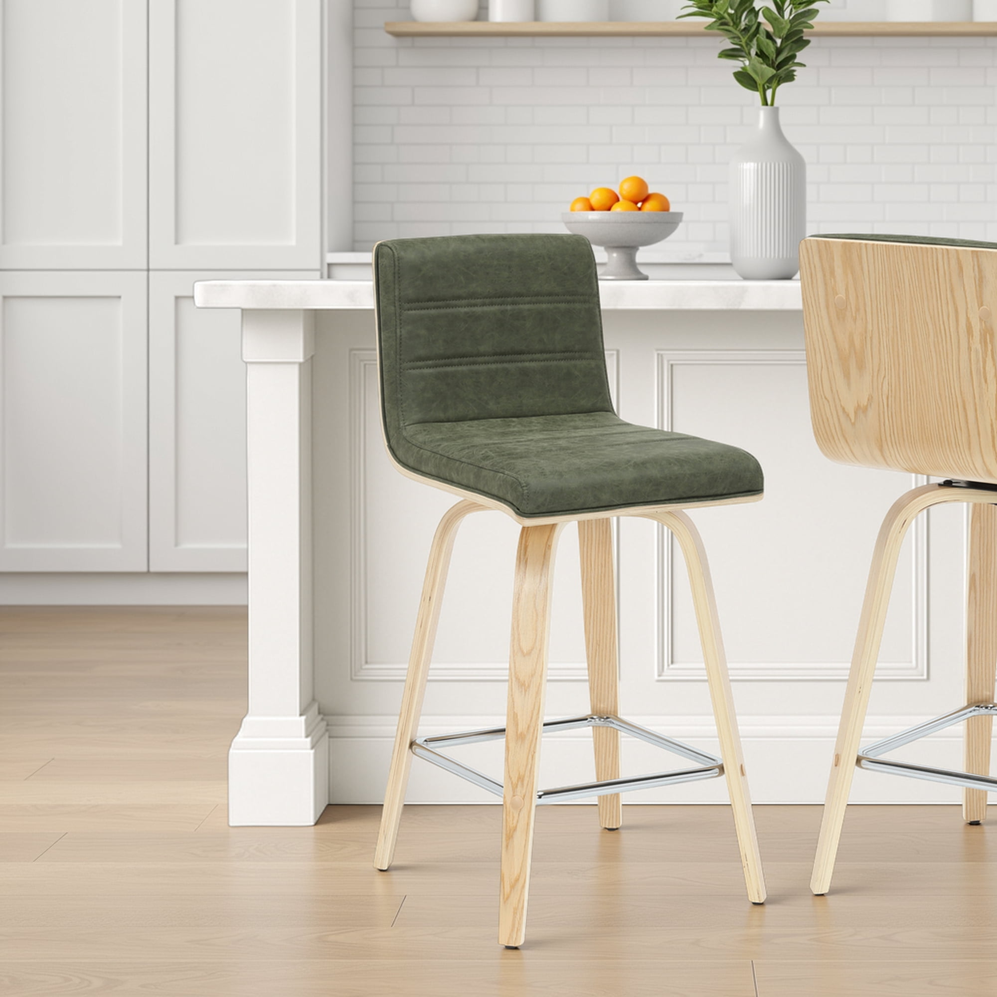 Vienna 35.5 in. H Swivel Counter Height Vintage Green Square Back Wood Bar Stool with Faux Leather Seat Set of 4