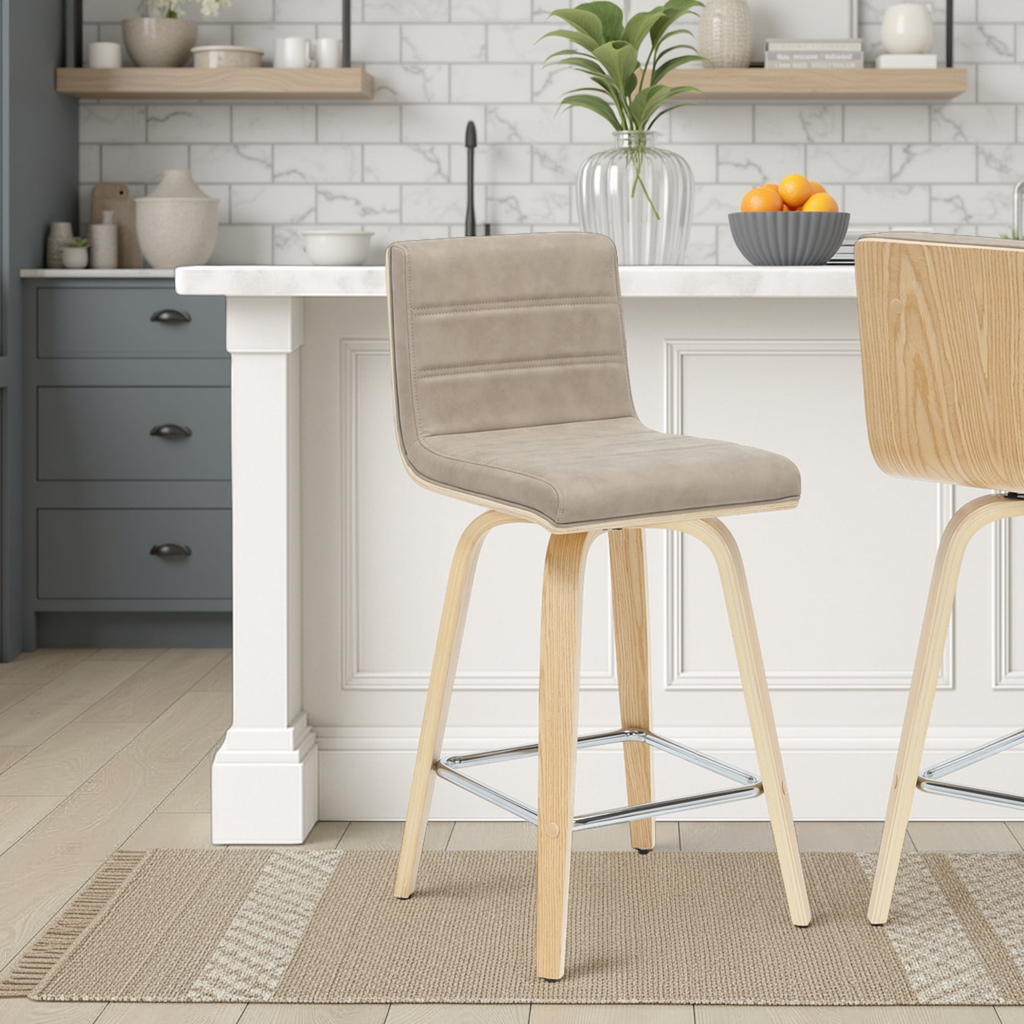 Vienna 35.5 in. H Swivel Counter Height Vintage Taupe Square Back Wood Bar Stool with Faux Leather Seat