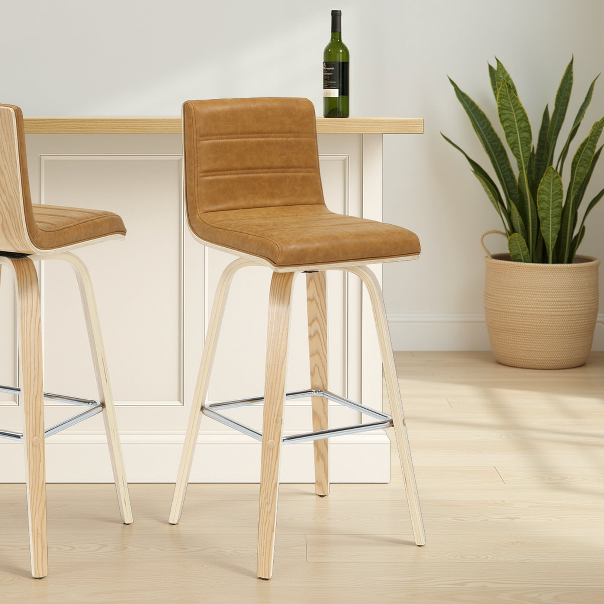 Vienna 39.5 in. H Swivel Bar Height Camel Square Back Wood Bar Stool with Faux Leather Seat Set of 2