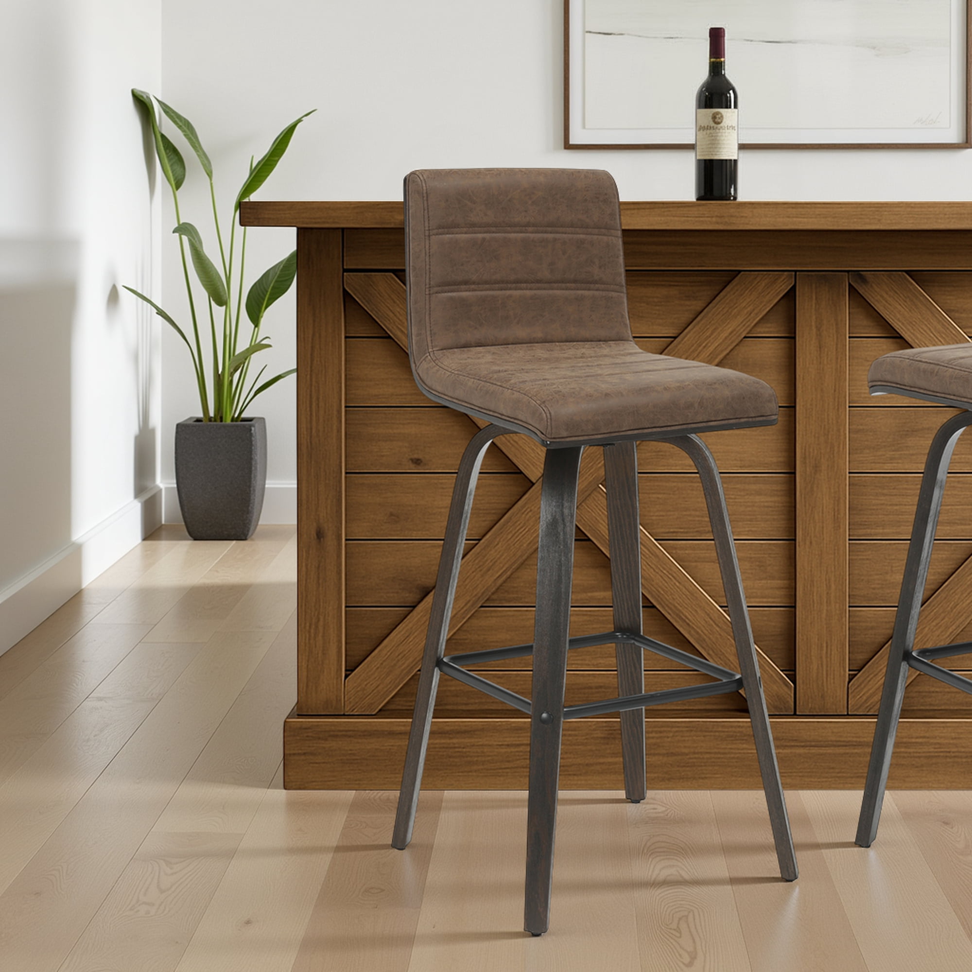 Vienna 39.5 in. H Swivel Bar Height Vintage Dark Brown Square Back Wood Bar Stool with Faux Leather Seat