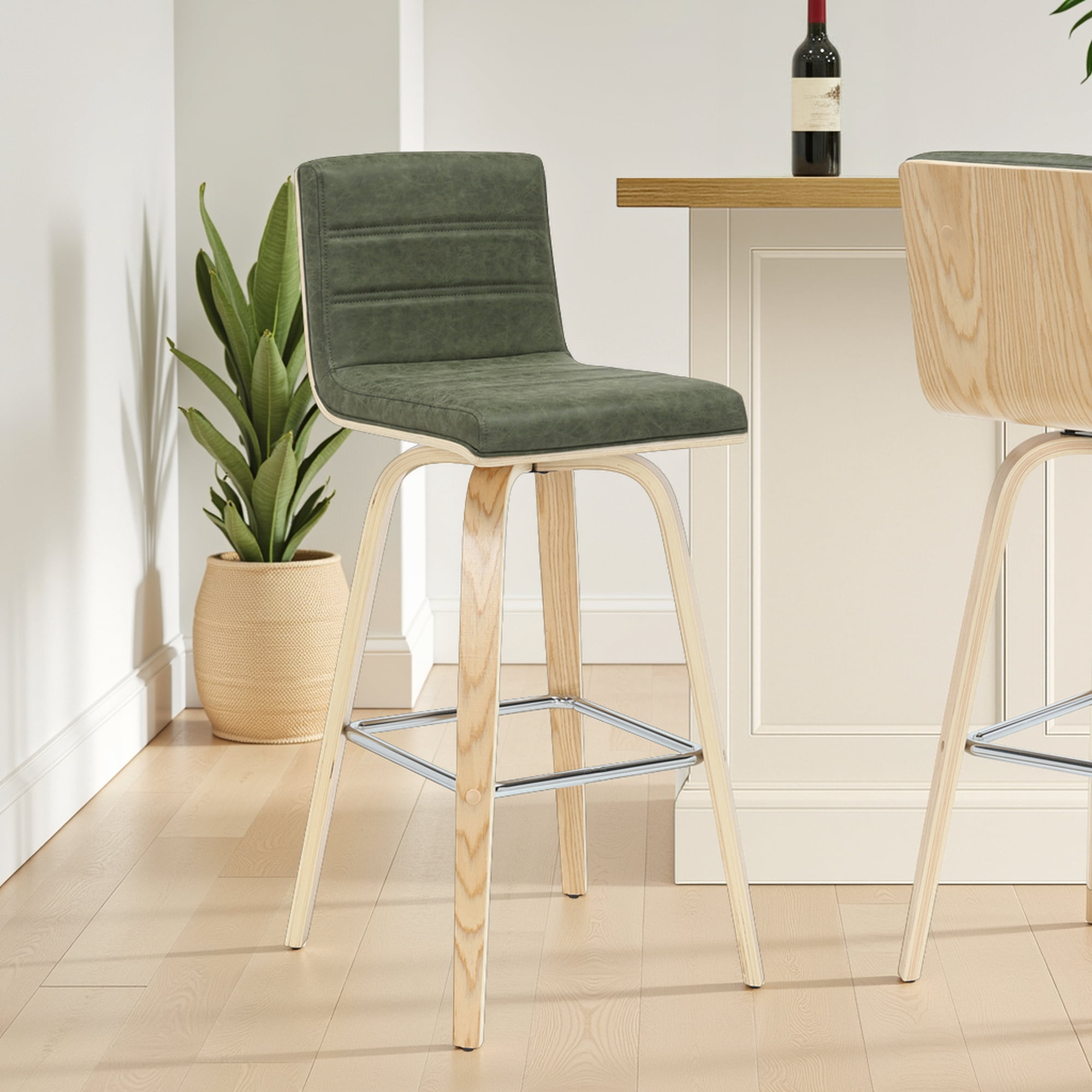 Vienna 39.5 in. H Swivel Bar Height Vintage Green Square Back Wood Bar Stool with Faux Leather Seat