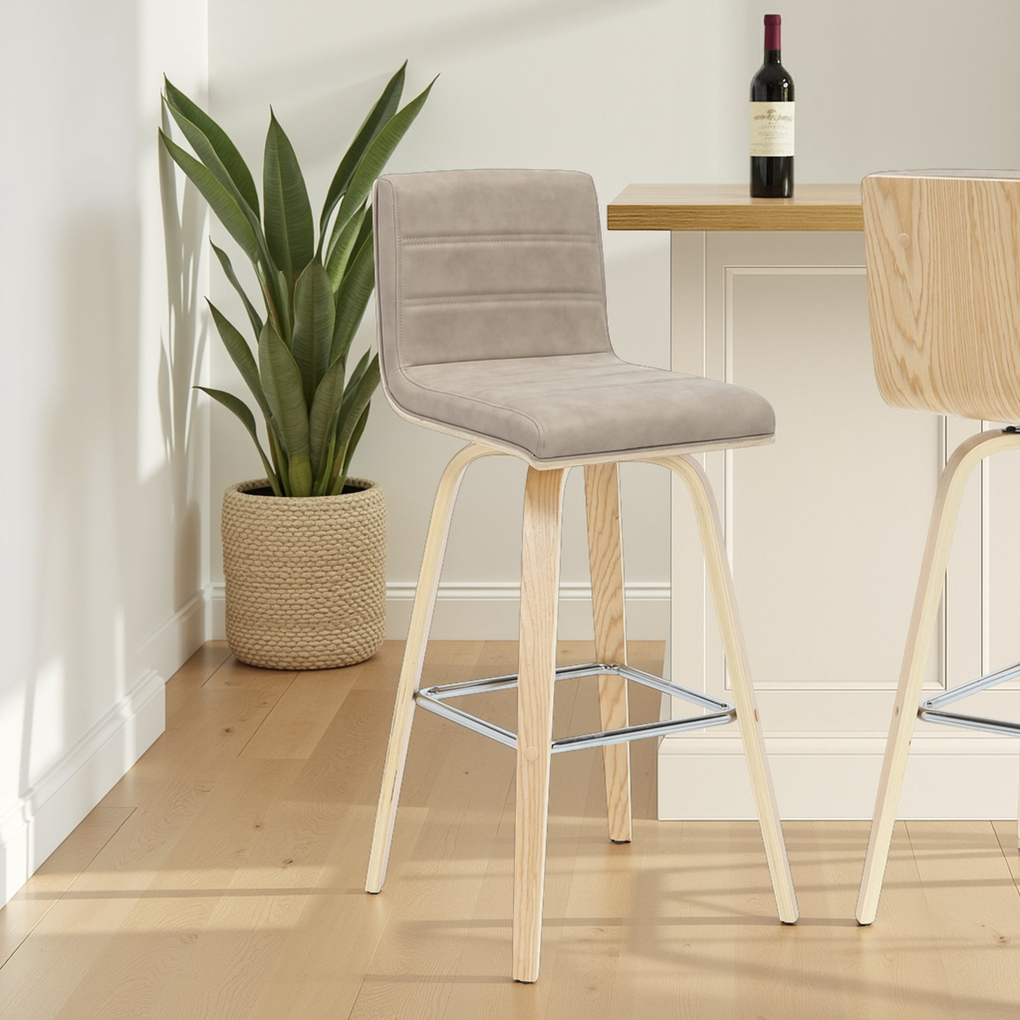 Vienna 39.5 in. H Swivel Bar Height Vintage Taupe Square Back Wood Bar Stool with Faux Leather Seat