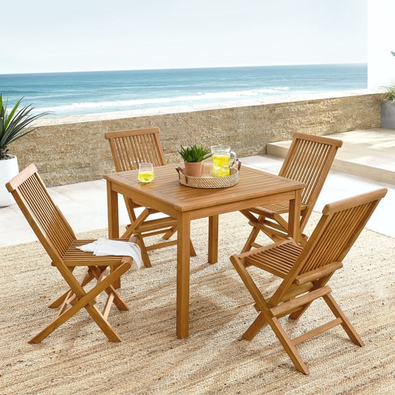 Modway Vienna 5-Piece Outdoor Patio Teak Wood Dining Set with Folding Chairs in Natural Natural