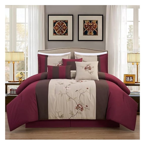 Vienna 7-Piece Embroidered Floral Comforter Set (King, Burgundy Taupe Brown)
