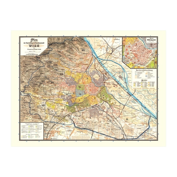 Vienna Art, 1895 Vintage Map of Vienna Austria History Wall Decor Gift, Old Vienna Map - 24" x 18" Unframed Print