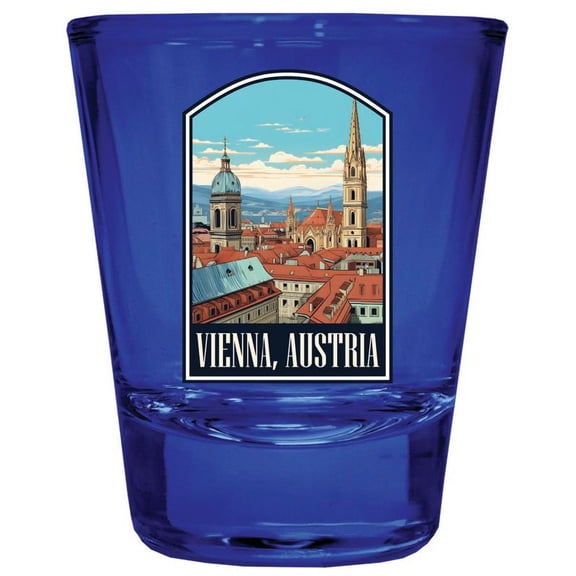 Vienna Austria Design B Souvenir Full Color 2 oz Round Shot Glass Blue