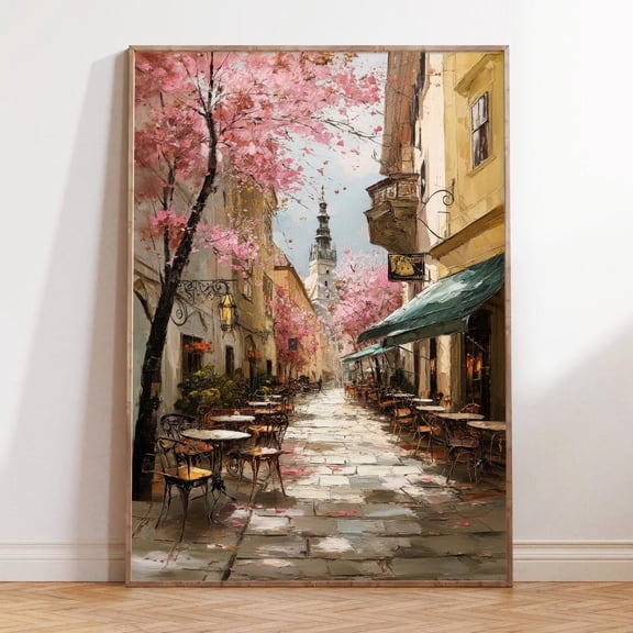 Vienna Austria Spring Cafe Street Scene Travel Poster, Stretched Canvas Size 8x12