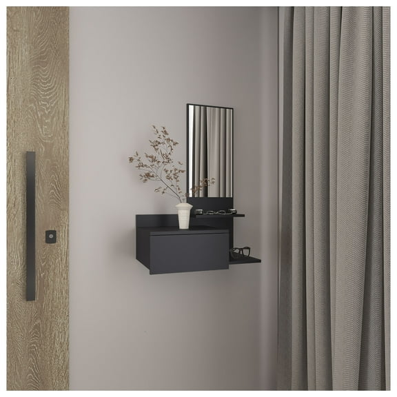 Vienna Console Table with Mirror & Shelves - 23.6" Floating Shelf, 3-Tier Design, Black Finish, Full Extension Drawer - Entryway, Bedroom, Hallway