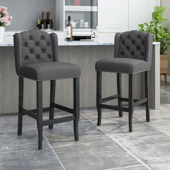 Vienna Contemporary Fabric Tufted Wingback 31 Inch Counter Stools, Set of 2, Charcoal and Dark Brown