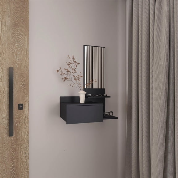 Vienna 23.6" Wide 3-Tier Shelf Floating Mirror Console Table, Full Extension Drawer Black