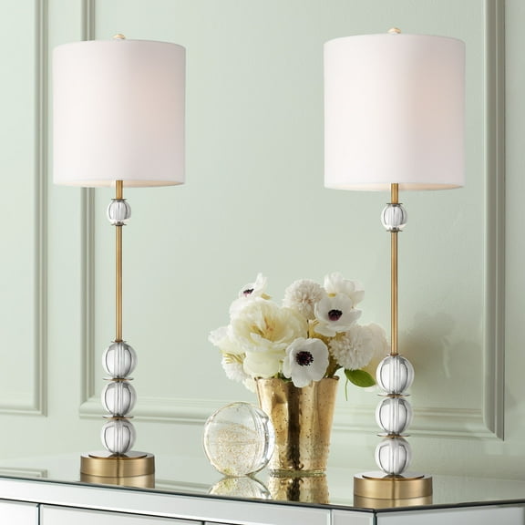 Vienna Full Spectrum Halston Modern Buffet Table Lamps 32 1/2" Tall Set of 2 Brass Crystal with Dimmer Off White Shade for Bedroom Living Room Bedside
