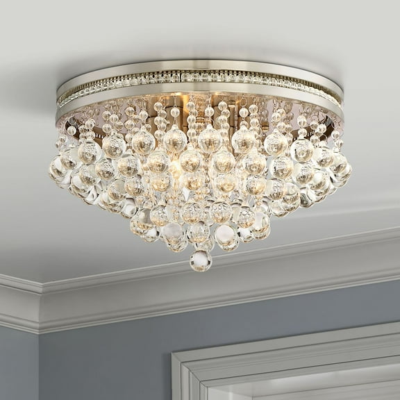 Vienna Full Spectrum Luxury Ceiling Light Flush Mount Fixture Brushed Nickel 15 1/4" Wide Crystal Droplets for Bedroom Hallway