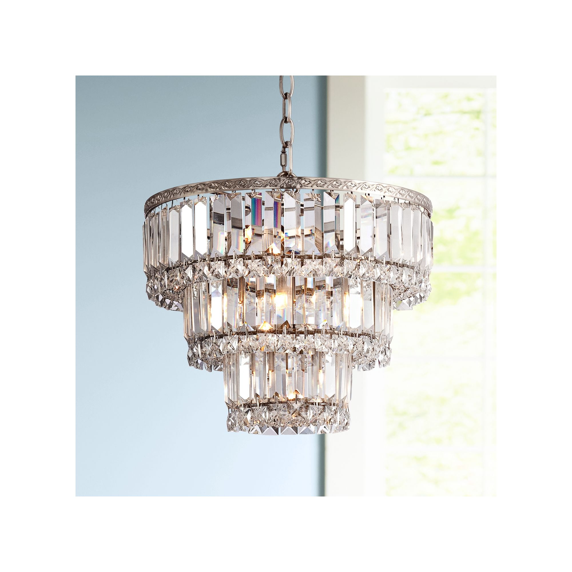 Satin Nickel 17" Modern Crystal Chandelier with Faceted Glass