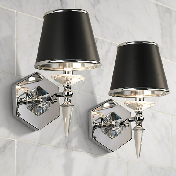 Vienna Full Spectrum Manhattan Modern Wall Light Sconces Set of 2 Chrome Hardwire 6" Fixture Crystal Black Paper Shade for Bedroom Bathroom Vanity