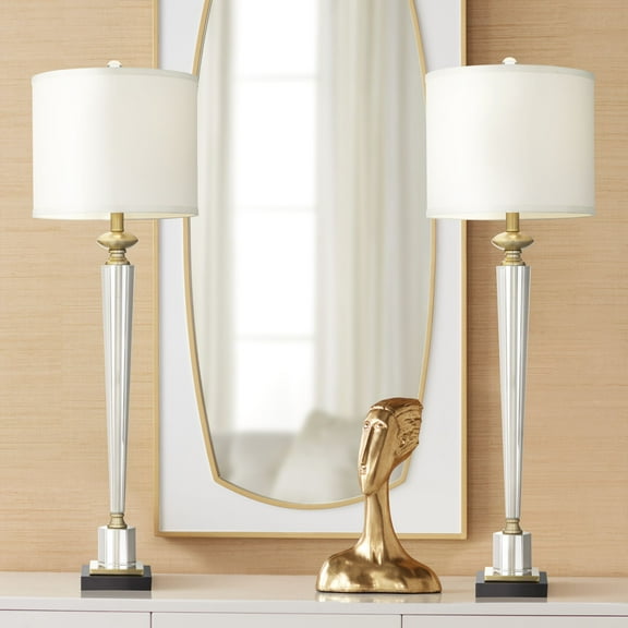 Vienna Full Spectrum Modern Table Lamps 38 1/2" Tall Set of 2 Clear Crystal Glass Hexagonal Column White Drum Shade for Bedroom Living Room Bedside