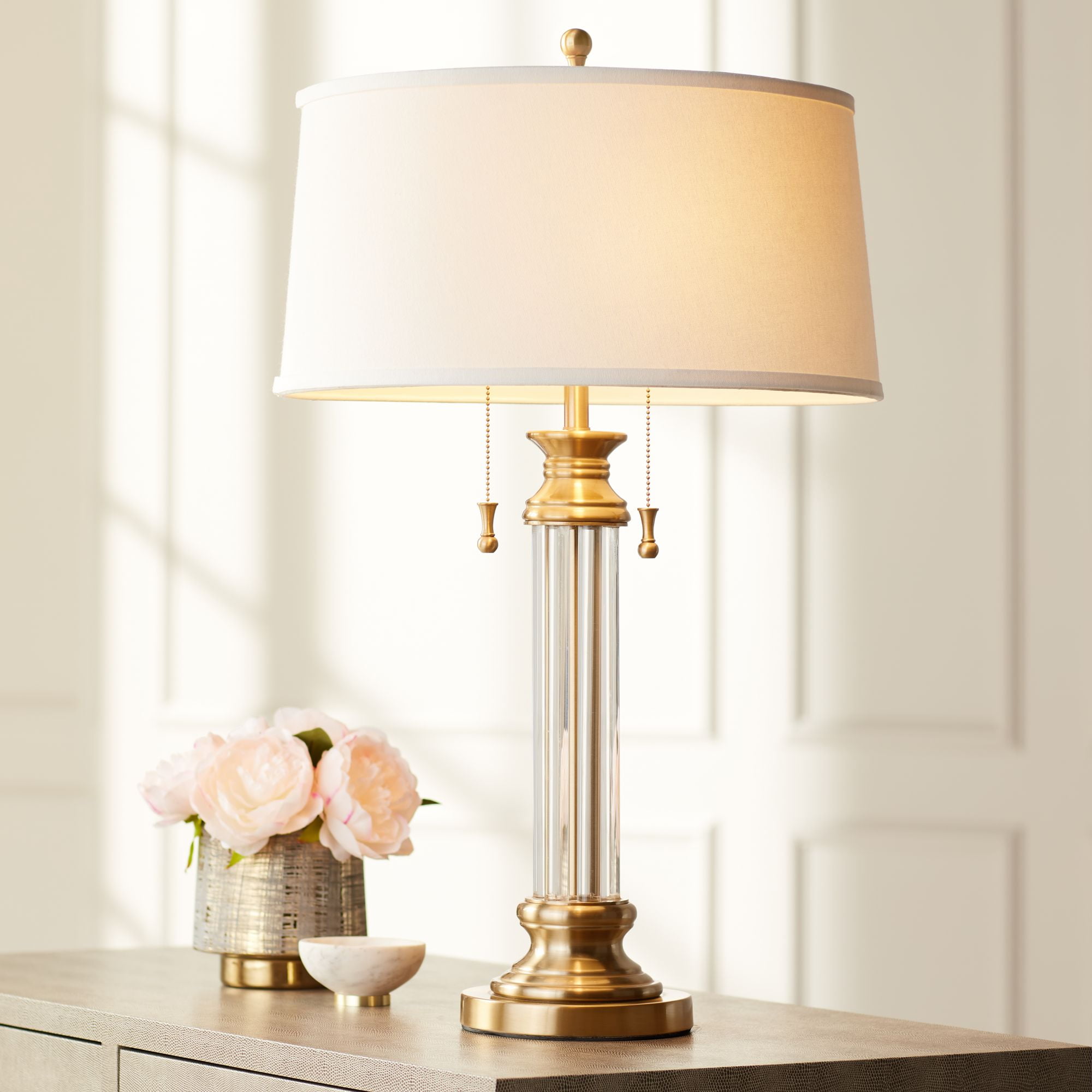 Vienna Full Spectrum Rolland Traditional Table Lamp 30 Tall Crystal Brass  Column Off White Tapered Drum Shade for Bedroom Living Room Bedside Office