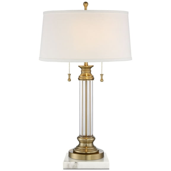 Vienna Full Spectrum Rolland Traditional Table Lamp with White Square Marble Riser 30" Tall Antique Brass Crystal Off White Shade for Living Room Home