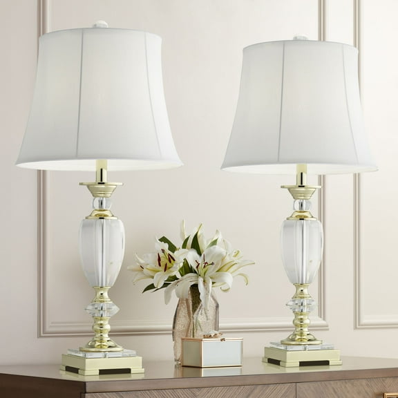 Vienna Full Spectrum Traditional Table Lamps 28.75" Tall Set of 2 Faceted Crystal and Brass White Bell Shade for Living Room Family Bedroom