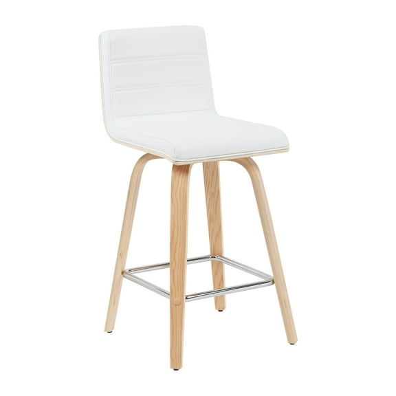 Vienna Modern Counter Height Swivel Bar Stool with White Faux Leather Seat and Patterned Oak Wood Frame