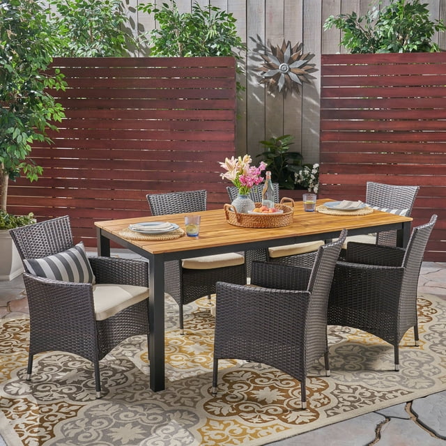 Vienna Outdoor 7 Piece Acacia Wood Dining Set with Wicker Chairs and Cushions, Multi Brown, Teak, Beige