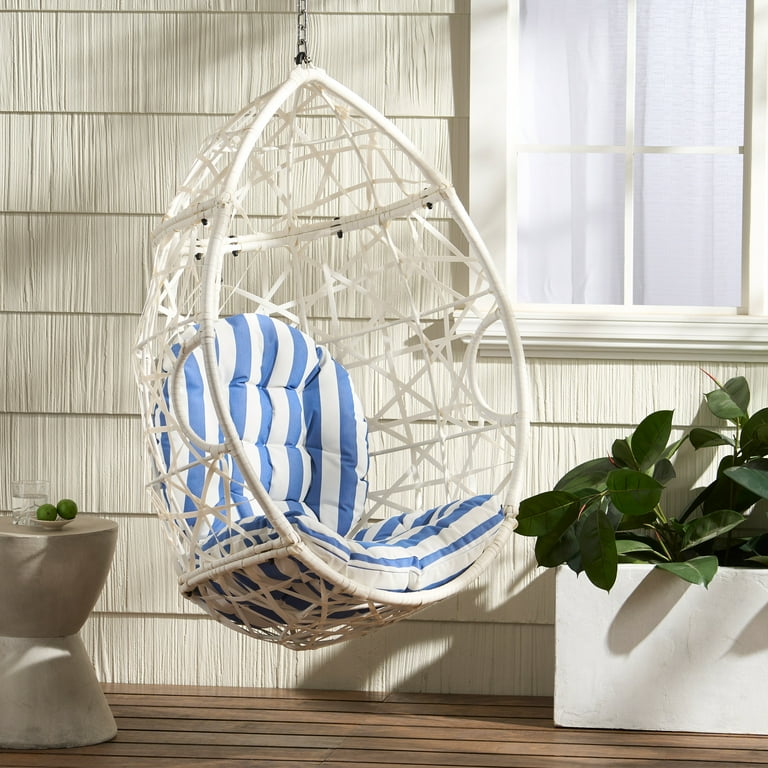 Vienna Wicker Outdoor Hanging Egg Chair White White and Blue