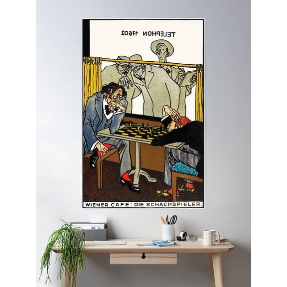 Viennese Cafã©: The Chess Players | Illustration By Moriz Jung Poster Wall Art, Modern Wall Decor For Living Room Bedroom, 24x36 UNFRAMED
